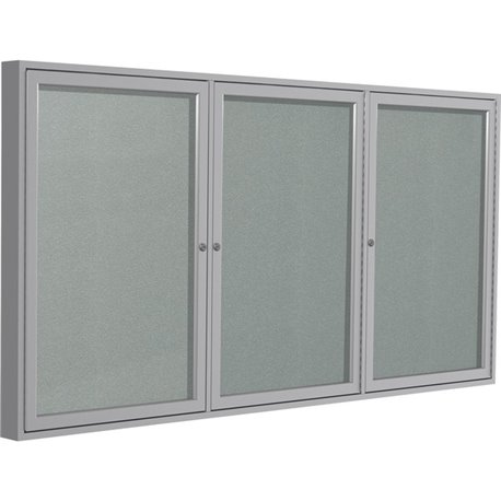 Ghent 3 Door Enclosed Vinyl Bulletin Board with Satin Frame - 48" Height x 96" Width - Silver Vinyl Surface - Locking Door, Tack