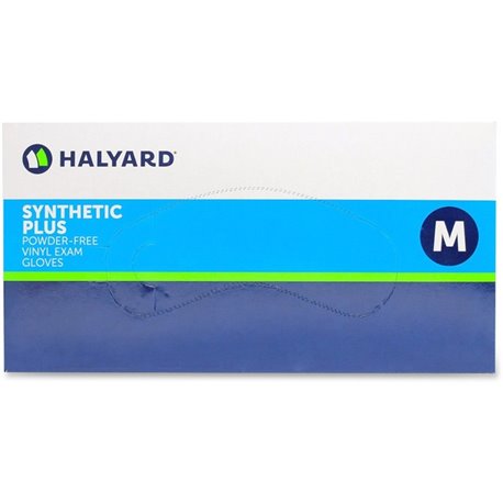 Halyard Synthetic Plus PF Vinyl Exam Gloves - Polymer Coating - Medium Size - For Right/Left Hand - Clear - Latex-free, Non-ster