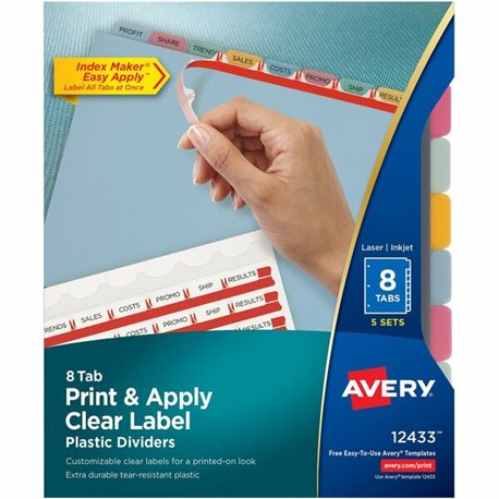 Avery(R) 8 Tab Plastic Dividers for 3 Ring Binder, Easy Print & Apply Clear Label Strip, Index Maker(R) Customizable Multicolor 