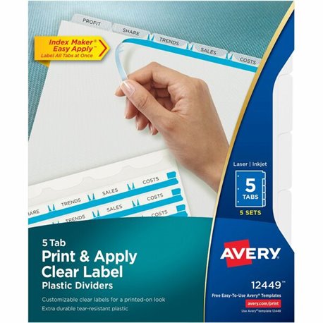 Avery(R) 5 Tab Plastic Dividers for 3 Ring Binder, Easy Print & Apply Clear Label Strip, Index Maker(R) Customizable Frosted Whi