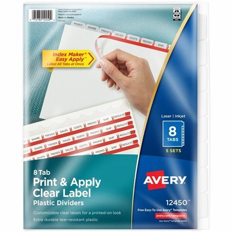 Avery(R) 8 Tab Plastic Dividers for 3 Ring Binder, Easy Print & Apply Clear Label Strip, Index Maker(R) Customizable Frosted Whi