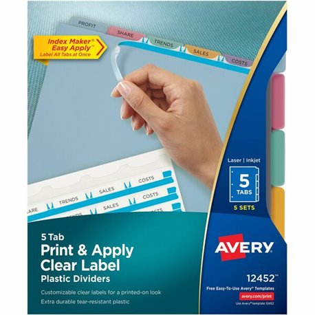 Avery(R) 5 Tab Plastic Dividers for 3 Ring Binder, Easy Print & Apply Clear Label Strip, Index Maker(R) Customizable Multicolor 