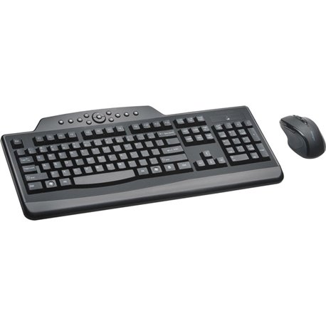 Kensington Pro Fit Media Wireless Desktop Set - USB Wireless RF 2.40 GHz Keyboard - English, French - Black - USB Wireless RF Mo