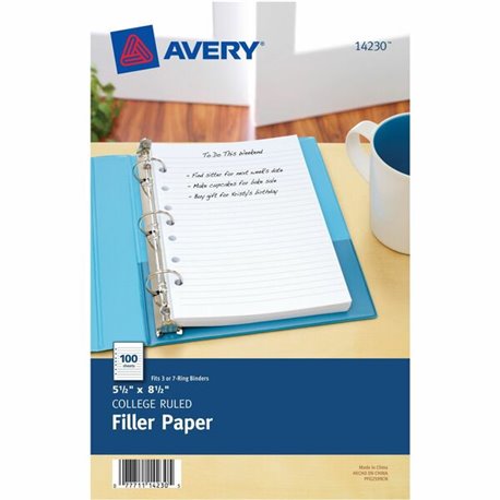 Avery Filler Paper 5�" x 8�" - 100 Sheets - College Ruled - 7 Hole(s) - 5 1/2" x 8 1/2" - White Paper - Mediumweight, Punched - 