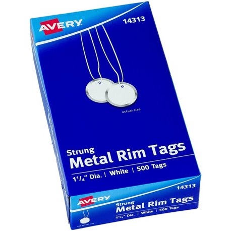 Avery 1-1/4" Metal Rim Key Tags, Strung, White, 500 Tags (14313) - 1.25" Diameter - Round - String Fastener - 500 - Metal, Card 