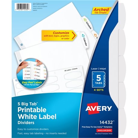 Avery Big Tab Printable Label Dividers, Easy Peel Labels, 5 Tabs - 20 x Divider(s) - 5 - 5 Tab(s)/Set - 8.5" Divider Width x 11"