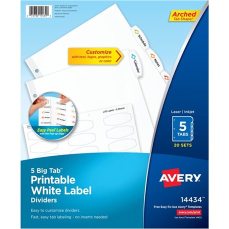 Avery Big Tab Printable White Label Dividers - 100 x Divider(s) - 5 - 5 Tab(s)/Set - 8.5" Divider Width x 11" Divider Length - 3