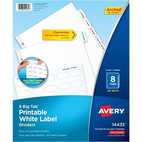 Avery Big Tab Printable White Label Dividers - 160 x Divider(s) - 8 - 8 Tab(s)/Set - 8.5" Divider Width x 11" Divider Length - 3