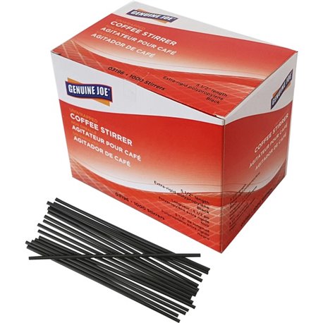 Genuine Joe Plastic Stirrers - 5.5" Length - Plastic, Polypropylene - 1000 / Box - Black