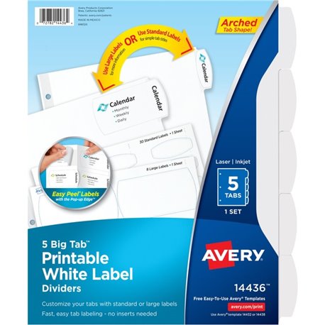 Avery Big Tab Printable White Label Dividers - 5 x Divider(s) - 5 - 5 Tab(s)/Set - 8.5" Divider Width x 11" Divider Length - 3 H