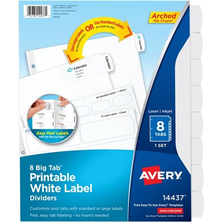 Avery Big Tab Printable White Label Dividers - 8 x Divider(s) - 8 - 8 Tab(s)/Set - 8.5" Divider Width x 11" Divider Length - 3 H