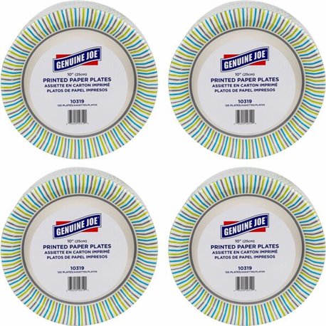 Genuine Joe 10" Printed Paper Plates - 125 / Pack - Disposable - 10" Diameter - Assorted - 4 / Carton