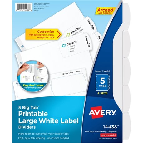 Avery Big Tab Printable Large White Label Dividers - 20 x Divider(s) - 5 - 5 Tab(s)/Set - 8.5" Divider Width x 11" Divider Lengt