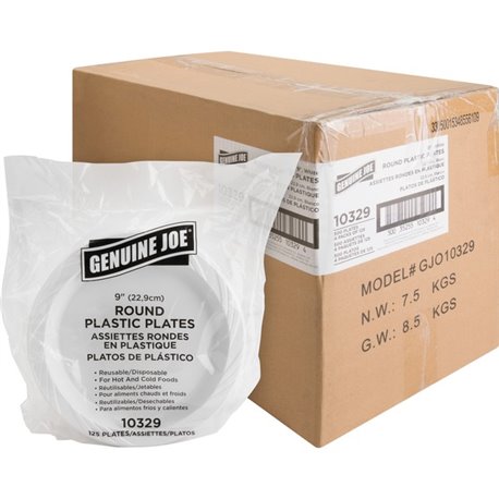 Genuine Joe 9" Reusable Plastic Plates - 125 / Pack - Serving - Disposable - 9" Diameter - White - Plastic Body - 4 / Carton