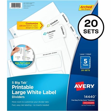 Avery Big Tab Tab Divider - 100 x Divider(s) - 5 - 5 Tab(s)/Set - 8.5" Divider Width x 11" Divider Length - 3 Hole Punched - Whi