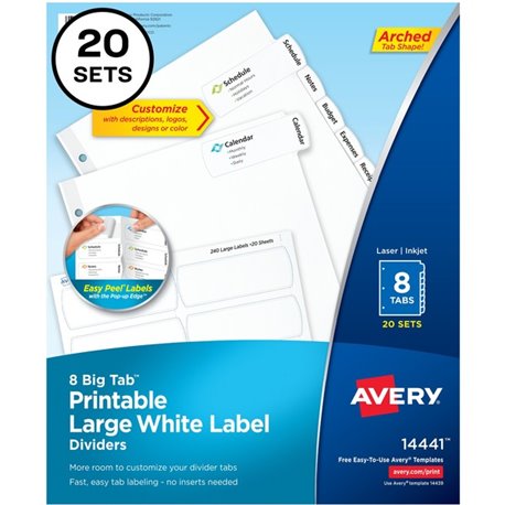 Avery Big Tab Printable Large White Dividers with Easy Peel, 8 Tabs - 160 x Divider(s) - 8 - 8 Tab(s)/Set - 8.5" Divider Width x