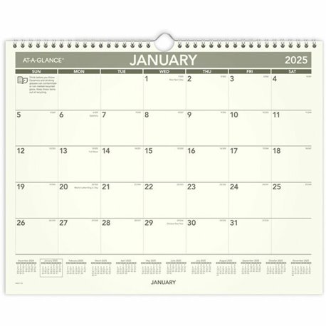 At-A-Glance Recycled Wall Calendar - Medium Size - Julian Dates - Monthly - 12 Month - January 2025 - December 2025 - 1 Month Si