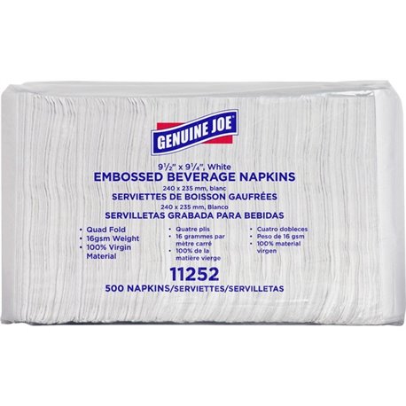 Genuine Joe Quad-fold Square Beverage Napkins - 1 Ply - 9.50" x 9.50" - White - 500 Per Pack - 8 / Carton