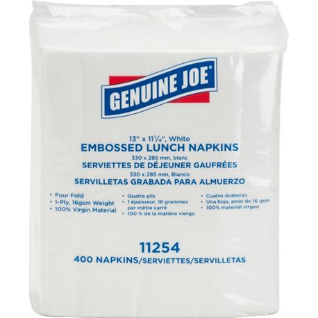 Genuine Joe Lunch Napkins - 1 Ply - Quarter-fold - 13" x 11.25" - White - 400 / Pack