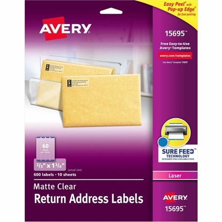 Avery Easy Peel Return Address Labels - 2/3" Width x 1 3/4" Length - Permanent Adhesive - Rectangle - Laser - Clear - Film - 60 