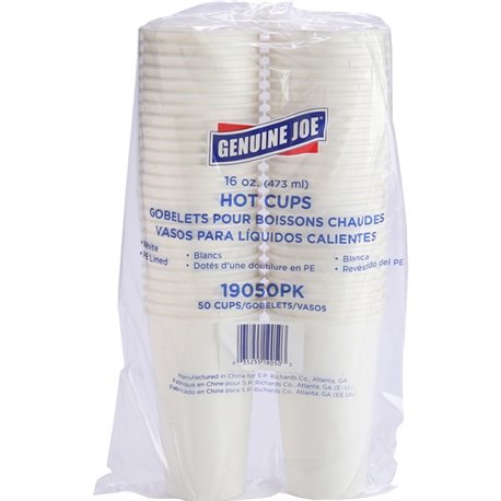 Genuine Joe 16 oz Disposable Hot Cups - 50 / Pack - 20 / Carton - White - Polyurethane - Coffee, Hot Drink, Picnic, Company, Tea