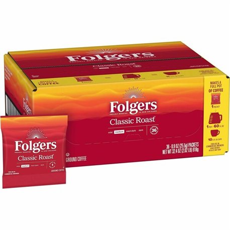 Folgers Classic Roast Coffee - Medium - 0.9 oz - 36 / Carton