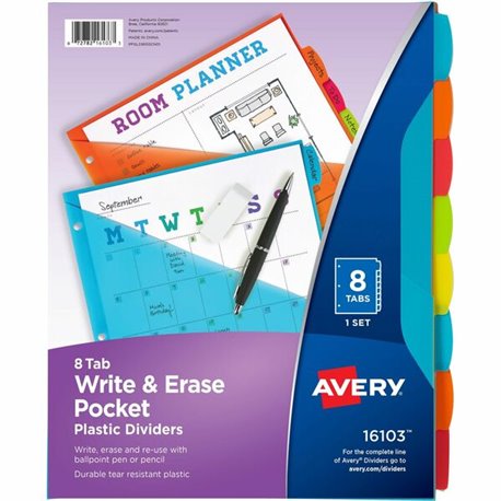 Avery Write & Erase 8-Tab Plastic Dividers, Pockets, Brights (16103) - Multicolor - Plastic - 2 - Hole-punched, Write-on Label, 