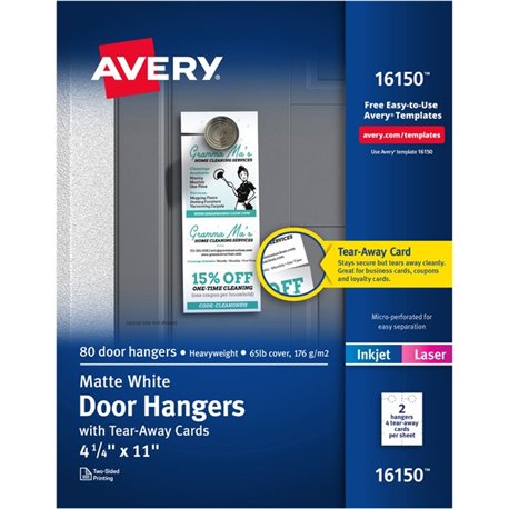 Avery Laser Inkjet Tear-Away Cards Door Hanger - 80 / Pack - Double-sided, Sturdy, Printable - White