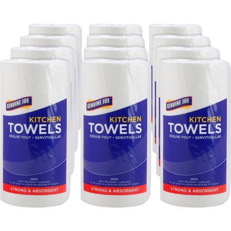 Genuine Joe Paper Towels - 2 Ply - 8" x 11" - 250 Sheets/Roll - 1.63" Core - White - Paper - 12 / Carton