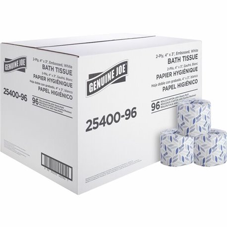 Genuine Joe 2-ply Standard Bath Tissue Rolls - 2 Ply - 3" x 4" - 400 Sheets/Roll - 1.63" Core - White - 96 / Carton