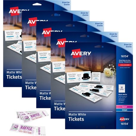 Avery Blank Tickets with Tear-Away Stubs - 1 3/4" Width x 5 1/2" Length - Laser, Inkjet - Matte White - 20 / Sheet - 1000 / Cart