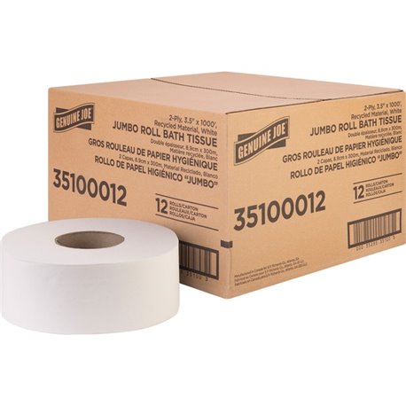 Genuine Joe Jumbo Jr Dispenser Bath Tissue Roll - 2 Ply - 3.50" x 1000 ft - 8.88" Roll Diameter - White - Fiber - 12 / Carton