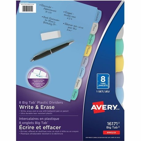 Avery Big Tab Write & Erase Plastic Dividers, 8 tabs, 1 set - 8 x Divider(s) - Write-on Tab(s) - 8 - 8 Tab(s)/Set - 8.5" Divider