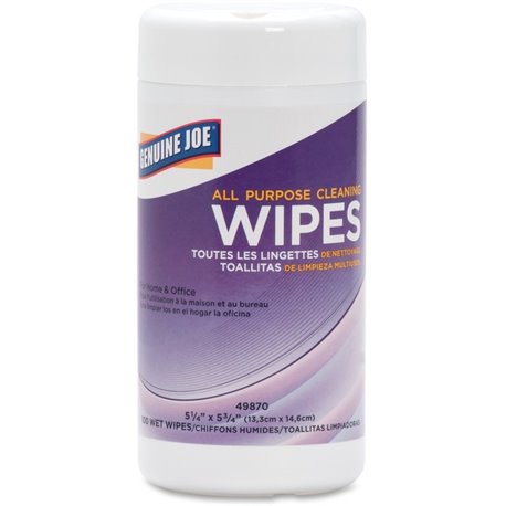 Genuine Joe All Purpose Cleaning Wipes - 5.88" Length x 5.13" Width - 100 / Canister - 1 Each - Pre-moistened, Non-abrasive, Non