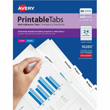 Avery Printable Repositionable Tabs - 96 Tab(s)1.25" Tab Width - Permanent - Paper Divider - White Paper Tab(s) - 96 / Pack