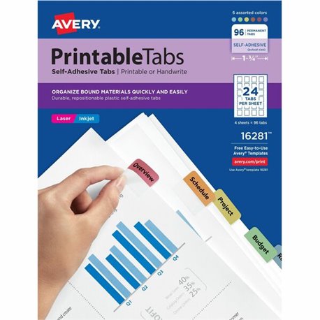 Avery Printable Repositionable Tabs - 96 Tab(s)1.25" Tab Width - Permanent - Paper Divider - Assorted Paper Tab(s) - 96 / Pack