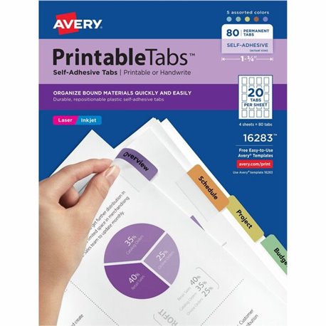 Avery Printable Repositionable Tabs - 80 Tab(s)1.75" Tab Width - Permanent - Paper Divider - Assorted Paper Tab(s) - 1