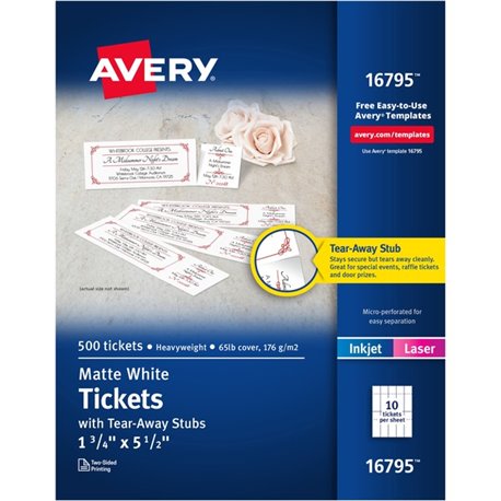 Avery Blank Printable Perforated Raffle Tickets - Tear-Away Stubs - Matte White - 500/Pack