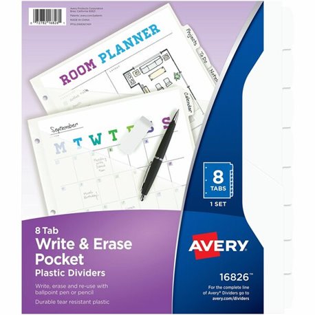 Avery Write & Erase Pocket Plastic Dividers - 8 x Divider(s) - 8 Write-on Tab(s) - 8 - 8 Tab(s)/Set - 9.3" Divider Width x 11.25