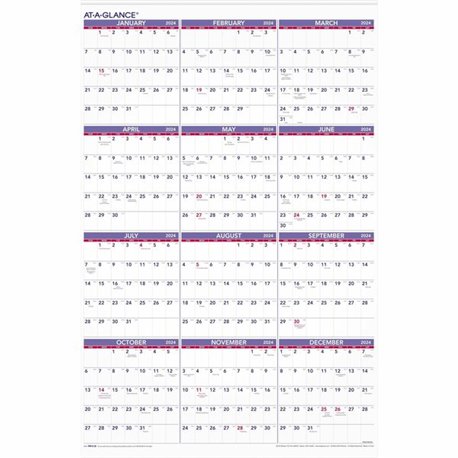 At-A-Glance Wall Calendar - Extra Large Size - Julian Dates - Yearly - 12 Month - January 2024 - December 2024 - 1 Year Single P