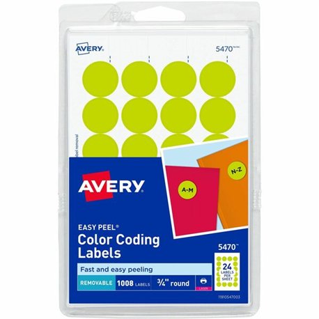 Avery Color-Coding Labels - - Height3/4" Diameter - Removable Adhesive - Round - Laser - Neon Yellow - 24 / Sheet - 1008 / Pack