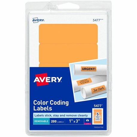 Avery Rectangular Color-Coding Labels - 1" Width x 3" Length - Removable Adhesive - Rectangle - Laser - Orange - 200 / Pack