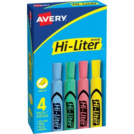 Avery Hi-Liter Desk-Style Highlighters - Chisel Marker Point Style - Light Blue, Light Green, Light Pink, Yellow Water Based Ink