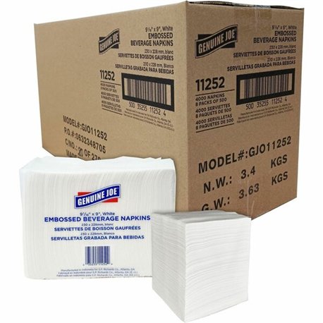 Genuine Joe Quad-fold Square Beverage Napkins - 1 Ply - 9.50" x 9.50" - White - 500 Per Pack - 8 / Carton