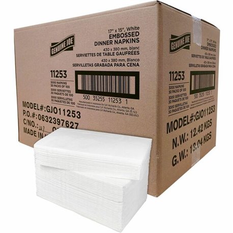 Genuine Joe Embossed Dinner Napkins - 2 Ply - 1/8 Fold - 17" x 15" - White - 100 Per Pack - 30 / Carton