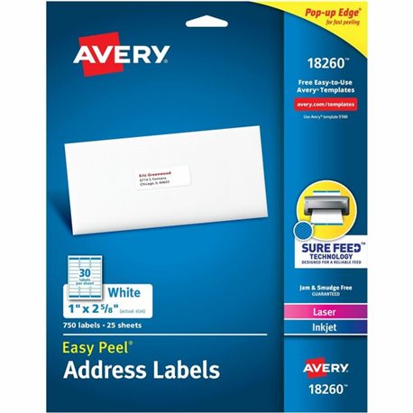 Avery Easy Peal Sure Feed Address Labels - Permanent Adhesive - Rectangle - Laser, Inkjet - White - Paper - 30 / Sheet - 125 Tot