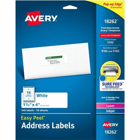 Avery Easy Peal Sure Feed Address Labels - Permanent Adhesive - Rectangle - Laser, Inkjet - White - Paper - 14 / Sheet - 50 Tota