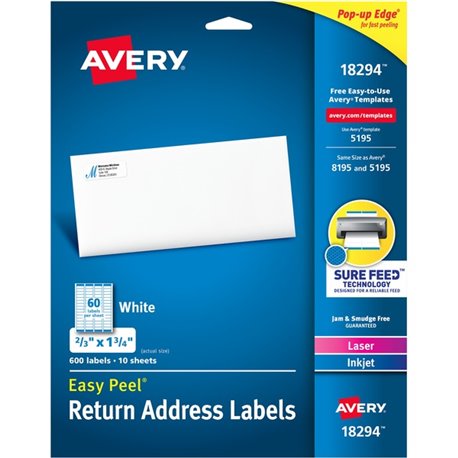 Avery Easy Peal Sure Feed Address Labels - Permanent Adhesive - Rectangle - Laser, Inkjet - White - Paper - 60 / Sheet - 50 Tota