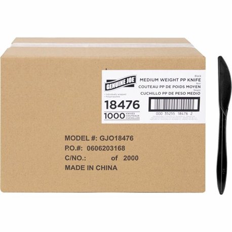 Genuine Joe Medium-weight Individually Wrapped Knives - 1000/Carton - Knife - Breakroom - Disposable - Black