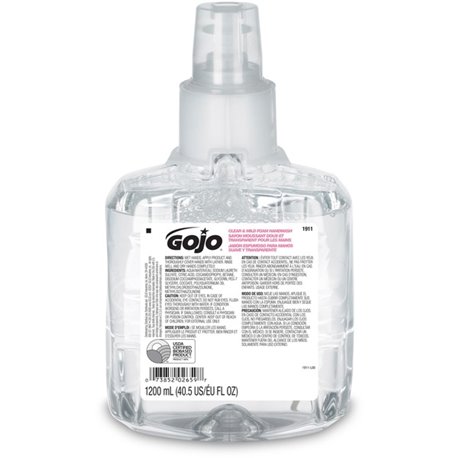 Gojo LTX-12 Clear Mild Foam Handwash Refill - 40.6 fl oz (1200 mL) - Hand, Skin - Moisturizing - Clear - Fragrance-free, Dye-fre